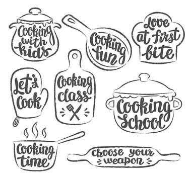 Collection of grunge contoured cooking label or logo. Hand written lettering, calligraphy cooking vector illustration. Cook, chef, kitchen utensils icon or logo.