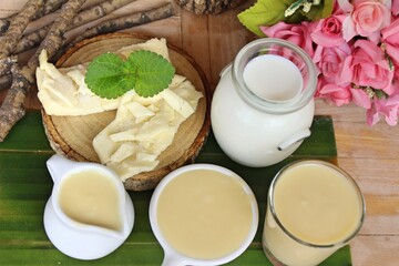 Dip cheese with milk on wood background