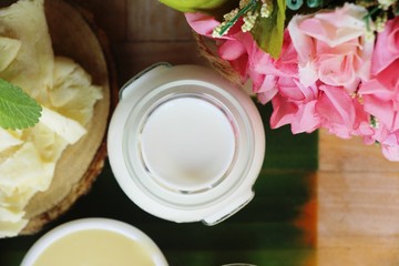 milk on wood background