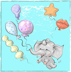 Cute elephant with balloon hand drawn vector illustration. Can be used for t-shirt print, kids wear fashion design, baby shower invitation card.