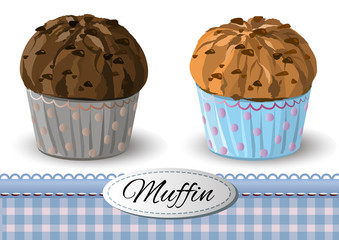 Set of muffins with chocolate chips. Vector illustration.