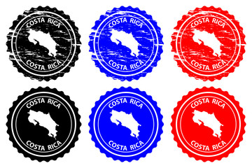 Costa Rica - rubber stamp - vector, Costa Rica map pattern - sticker - black, blue and red