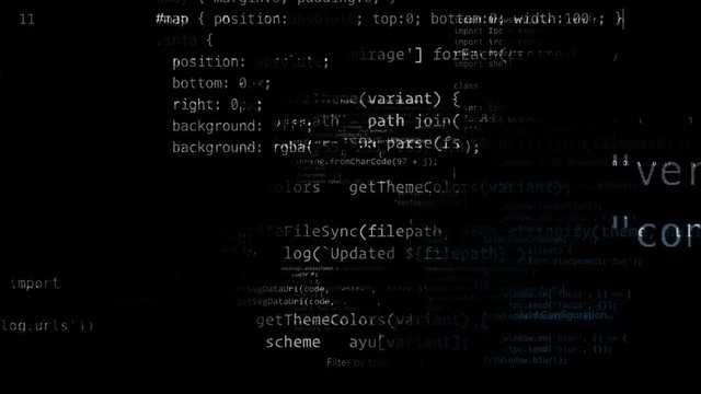 Blocks of abstract program code are written and moved in the virtual space. The camera flies through the computer code. looped 