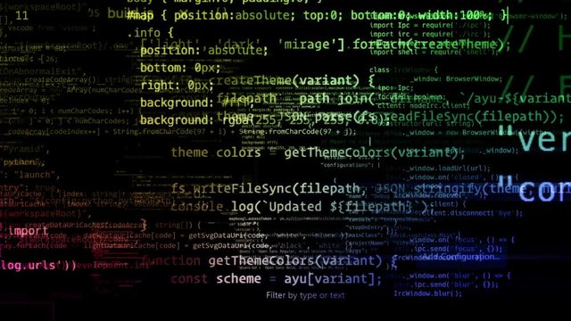 Blocks of abstract program code are written and moved in the virtual space. The camera flies through the computer code. looped 