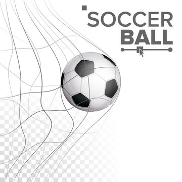Soccer Ball In Net Vector. Hitting Goal. Sport Poster, Banner, Brochure Design Element. Isolated On Transparent Background Illustration