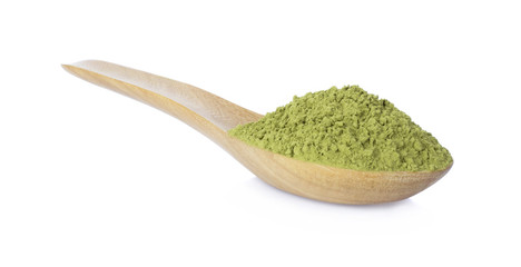 powder green tea with bamboo spoon isolated on white background.