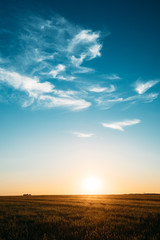 Sunset, Sunrise, Sun Over Rural Countryside Field. Bright Blue And Yellow