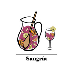 Sangria. Traditional spanish alcohol drink.  Hand drawn jug and glass of fresh sangria with orange , peach, lemon. Vector illustration. 