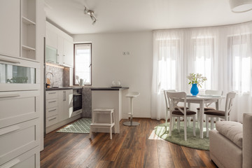 New modern living room with kitchen. New home. Interior photography. Wooden floor.