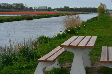 picnick table next to a canal