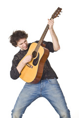 Joyful man playing on a gitare