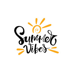 Summer vibes, typographic inscription on white background. Holiday poster. Handwritten vacations lettering, can be uset fot tshirt, banner, web and print