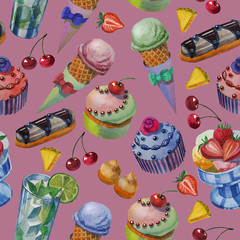 seamless texture pattern background isolated. Hand drawn watercolor sweets and cakes