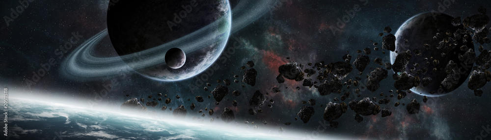 Poster Panoramic view of planets in distant solar system 3D rendering elements of this image furnished by NASA