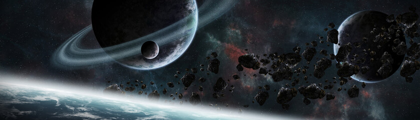 Panoramic view of planets in distant solar system 3D rendering elements of this image furnished by NASA - obrazy, fototapety, plakaty