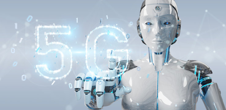 White cyborg woman using 5G network digital hologram 3D rendering