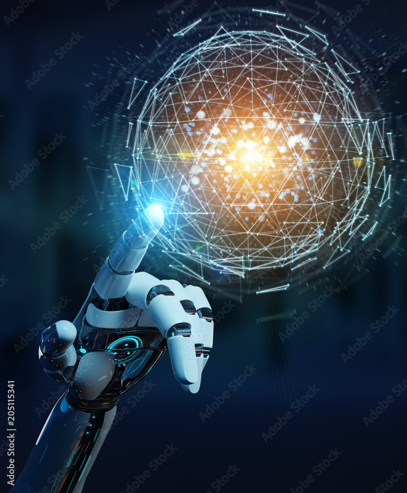 Poster white robot hand using digital triangle exploding sphere hologram 3d rendering
