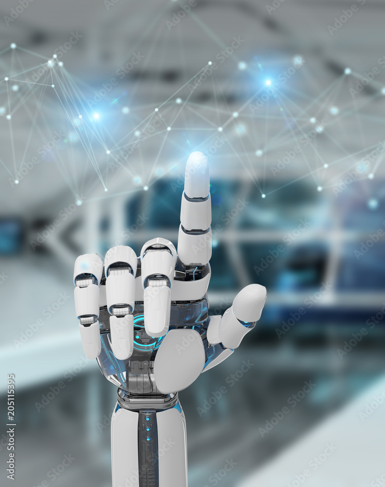 Poster white robot hand using digital network connection 3d rendering