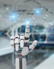 White robot hand using digital network connection 3D rendering