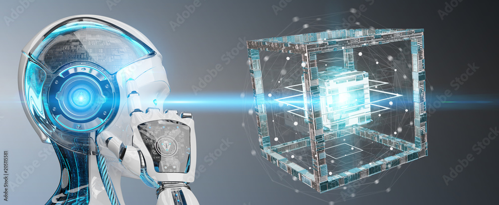 Leinwandbilder White robot creating future technology structure 3D rendering
