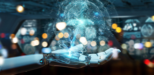 White cyborg hand using planet Earth interface 3D rendering