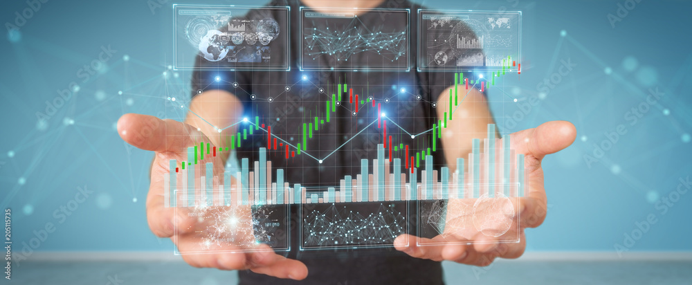 Aufkleber Businessman using 3D rendering stock exchange datas and charts