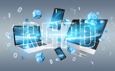 Digital GDPR interface over tech devices 3D rendering