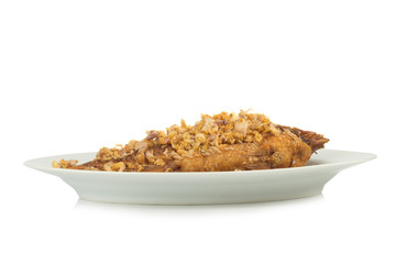 asia-asian food. thai food. fried nile tilapia river fish with garlic. on dish ceramic. isolated on white background