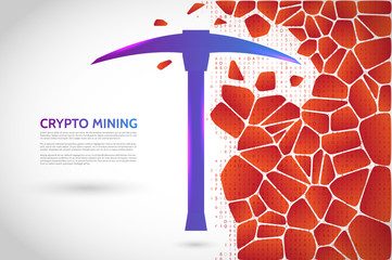 Abstract mining concept with pickaxe, computer code and stones. The concept of coding and mining of cryptocurrency. Illustration vector.