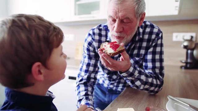 Senior grandfather with small grandson eating at home.