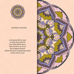 Indian style colorful ornate mandala card. Ornamental blank with ethnic motifs. Oriental graphic design concept. Paper brochure template. EPS 10 vector illustration. Clipping mask.