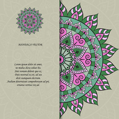 Indian style colorful ornate mandala card. Ornamental blank with ethnic motifs. Oriental graphic design concept. Paper brochure template. EPS 10 vector illustration. Clipping mask. - 205118757