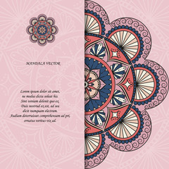 Indian style colorful ornate mandala card. Ornamental blank with ethnic motifs. Oriental graphic design concept. Paper brochure template. EPS 10 vector illustration. Clipping mask. - 205118761