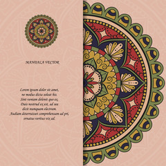 Indian style colorful ornate mandala card. Ornamental blank with ethnic motifs. Oriental graphic design concept. Paper brochure template. EPS 10 vector illustration. Clipping mask. - 205118792