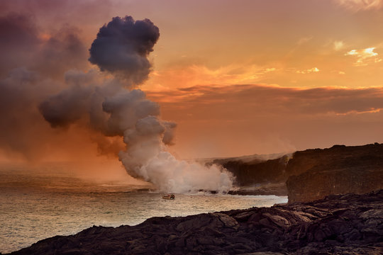 Lava Pouring Into The Ocean Creating A Huge Poisonous Plume Of Smoke At Hawaii's Kilauea Volcano, Volcanoes National Park, Hawaii