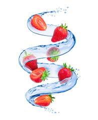Strawberries with splashes of water in a swirling shape