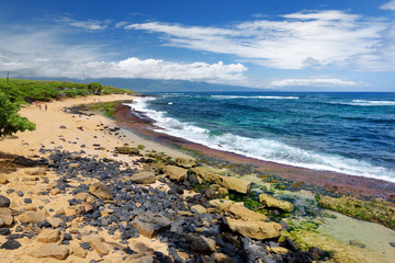 Famous Hookipa beach, popular surfing spot filled with a white sand beach, picnic areas and...