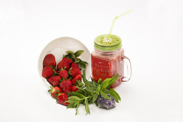 strawberry, mint leaves and strawberry juice