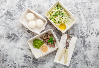 Eat right concept, healthy food, fitness nutrition take away in paper boxes, top view, flat lay.