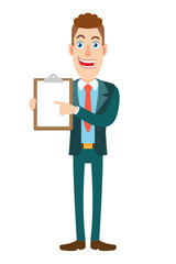 Businessman pointing at clipboard