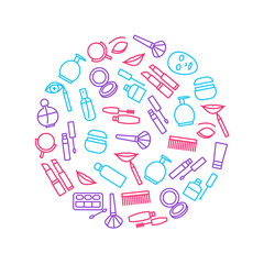 Beautiful Female Make Up Signs Thin Line Round Design Template. Vector