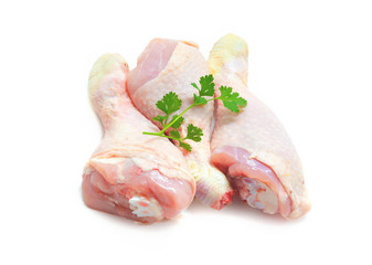 Raw chicken legs on white background. Organic Chicken. Healthy food.