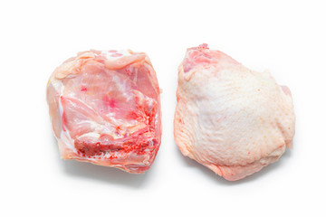 Raw chicken thighs isolated on white background.. Organic Chicken. Healthy food.
