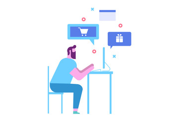 Internet shopping concept. Man do online shopping . Flat vector illustration.