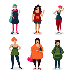 Everyday women in casual wear.Girls cartoon character set isolated on white. Ordinary female characters icon collection, flat style. Middle age people.