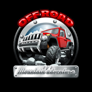 Extreme red Off Road Vehicle SUV on a mountain. Vector illustration.