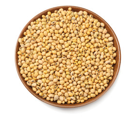 Soybeans in bowl isolated on white background. top view