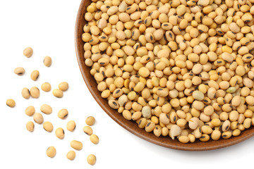 Soybeans in bowl isolated on white background. top view