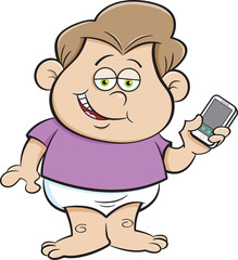 Cartoon illustration of a smiling baby holding a cell phone.