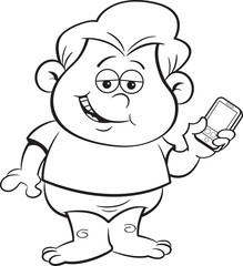 Black and white illustration of a smiling baby holding a cell phone.